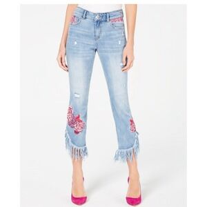 INC Denim Pink Rose Embroidered Fringe Skinny Cropped Jeans Whimsy Petite 8P